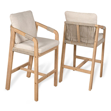 Porto Modern Coastal Tub Roped Acacia Wood Outdoor Bar Stool with Cushions and Armrests